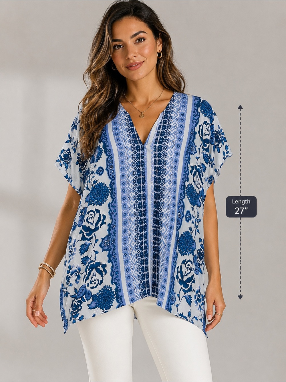 Gypsy Love Women's Blue & White Floral Boho
Kimono Tunic Top | Size Medium